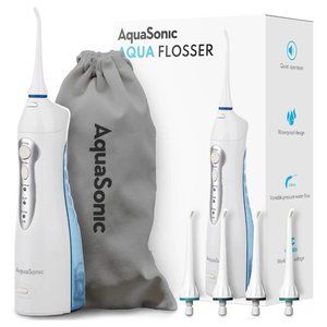 NEW AQUASONIC White Water Flosser with 4 Tips & Travel Pouch